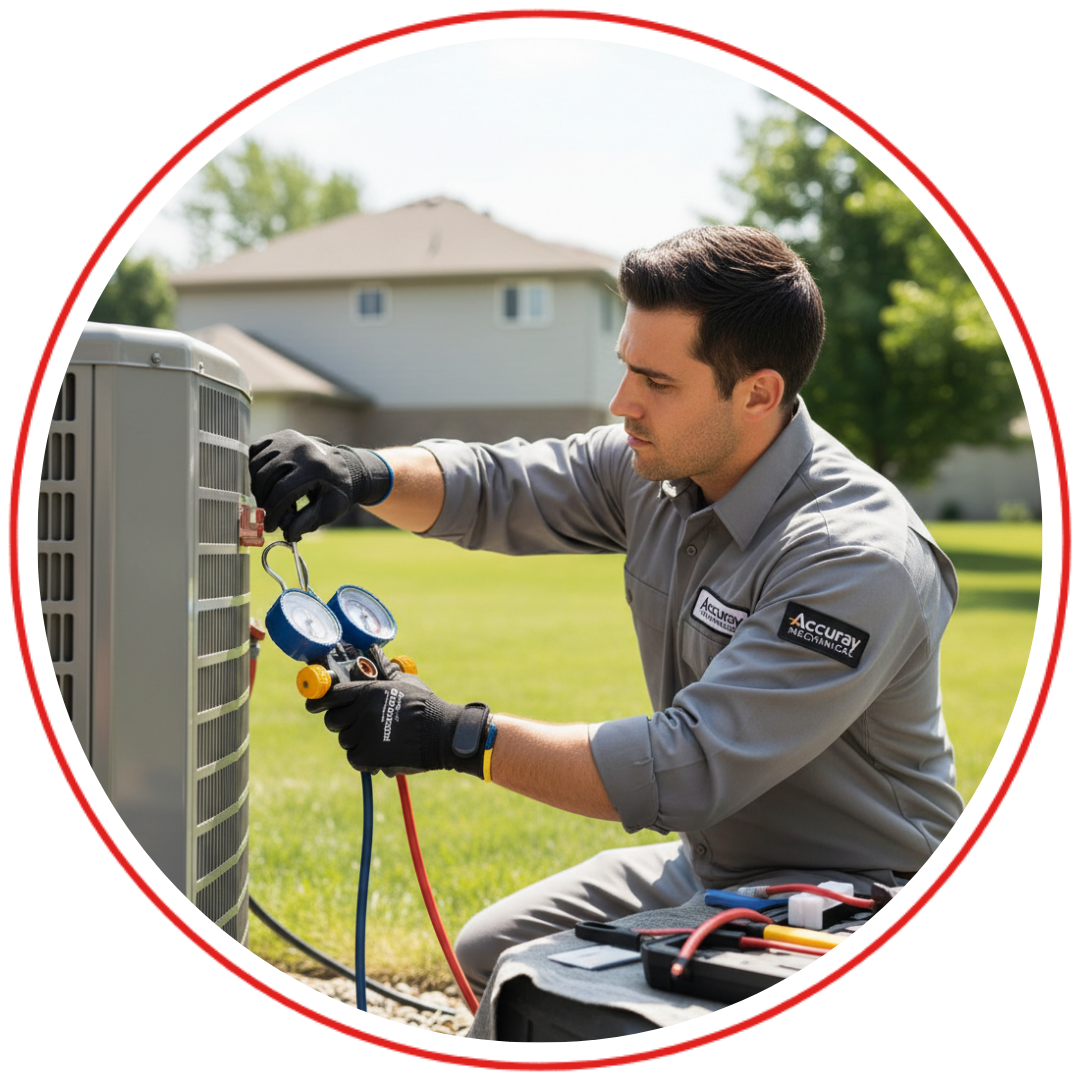 A professional Accuray Mechanical technician performing HVAC maintenance on a residential unit, with a focus on their expertise and tools.