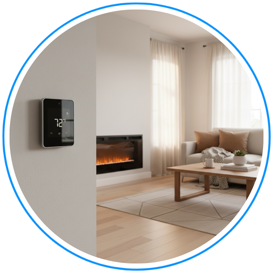An inviting interior shot of a comfortable living room with a visible modern thermostat, subtly suggesting effective residential heating and air conditioning.