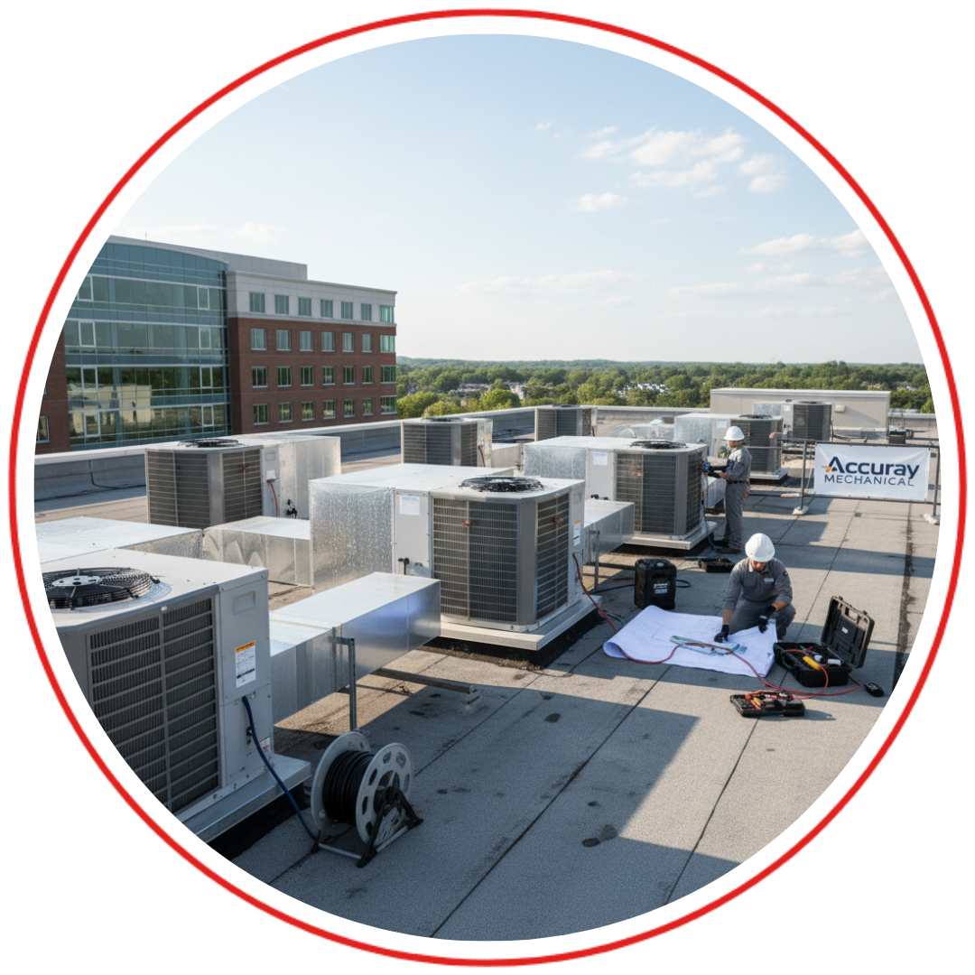 A wide shot of a commercial building's rooftop HVAC units, emphasizing the scale and complexity of commercial HVAC installation.