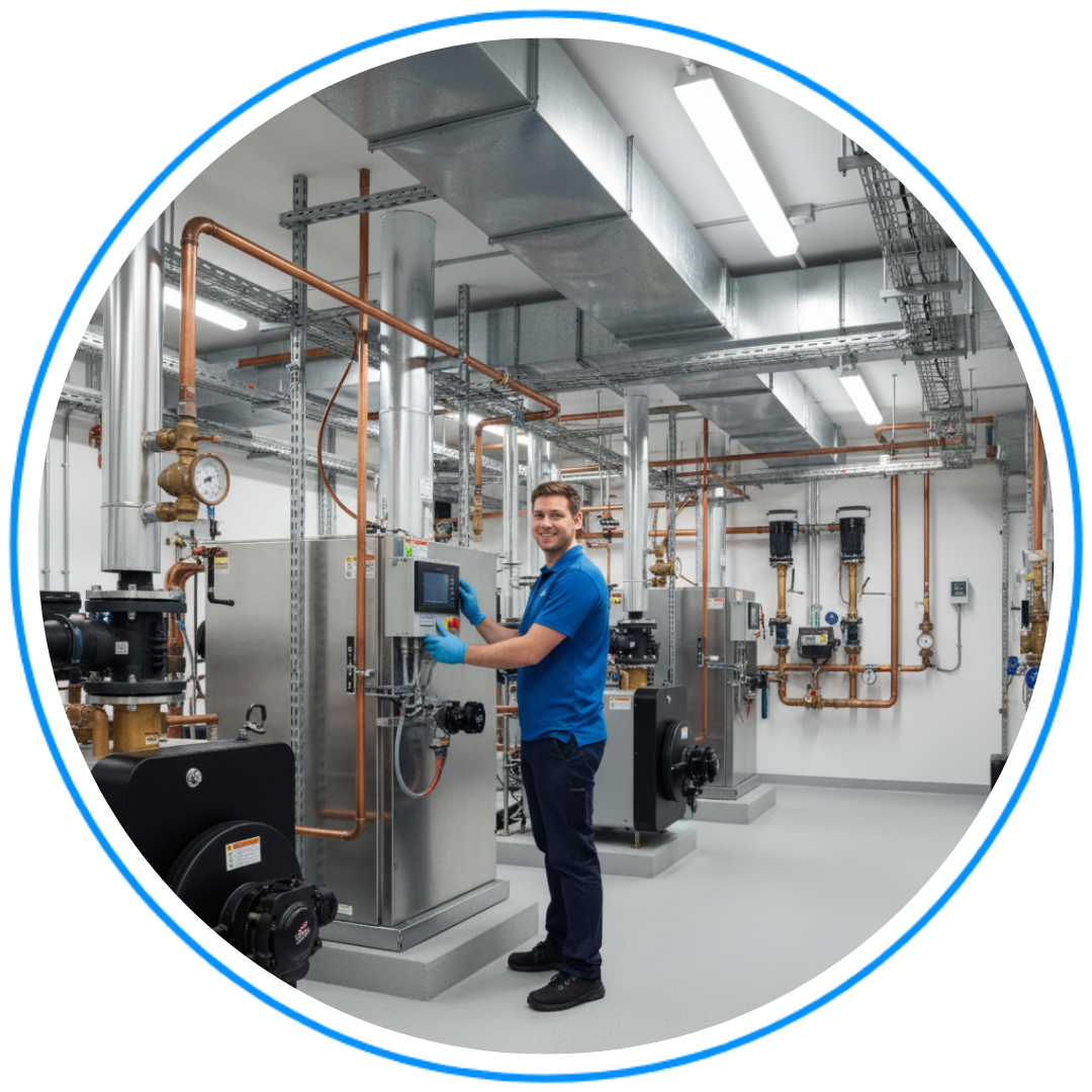 HVAC technician inside of commercial building