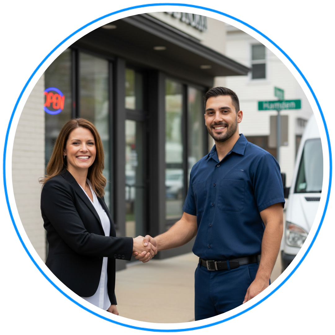 A satisfied Hamden business owner shaking hands with a trustworthy Accuray Mechanical technician in front of their commercial property.