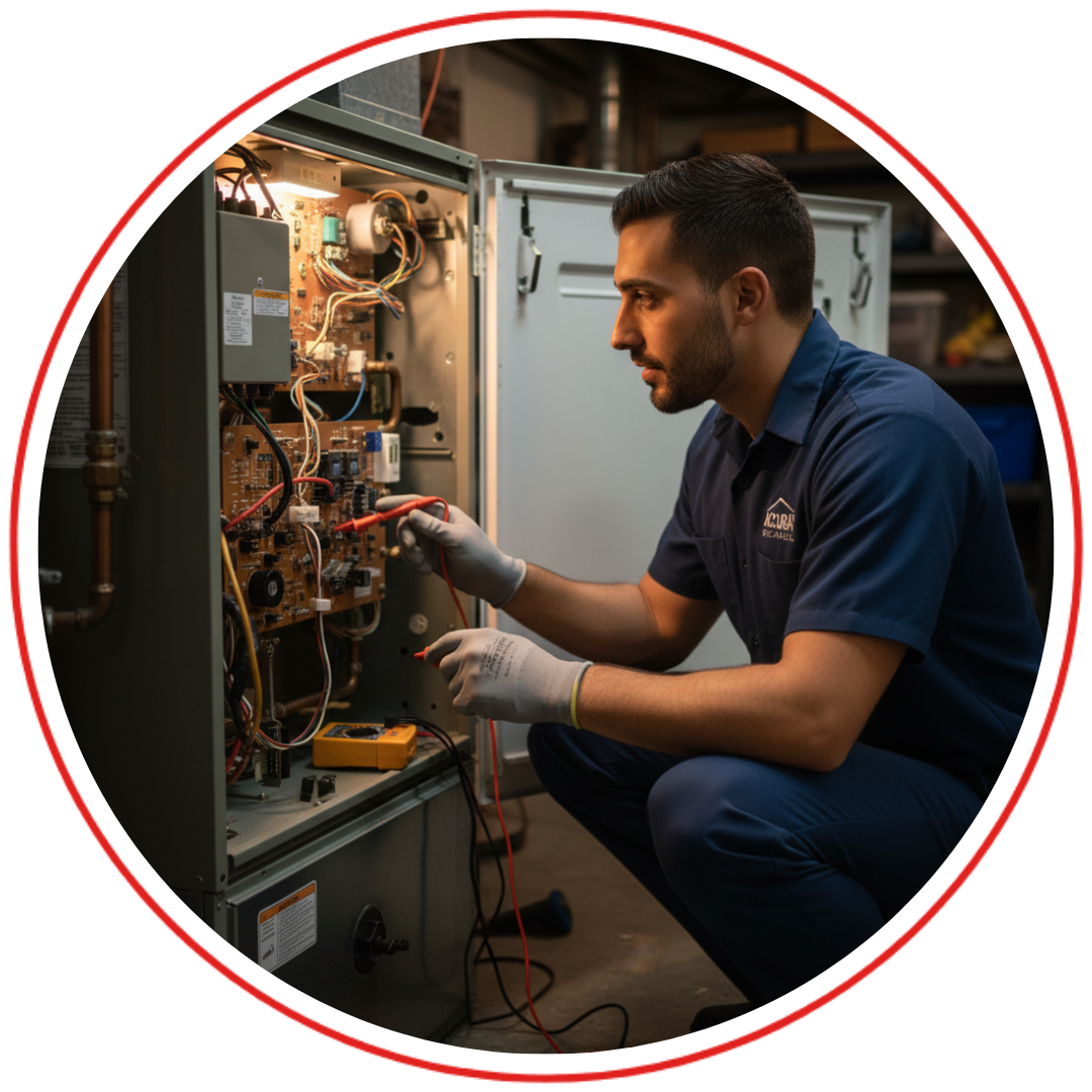 A focused and skilled Accuray Mechanical technician performing a detailed repair on an open furnace, highlighting expertise and quality workmanship.