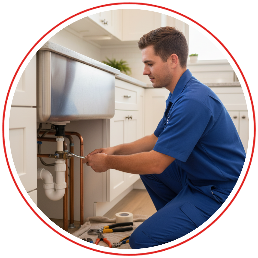 A professional plumber performing plumbing maintenance on pipes in a Short Beach home.